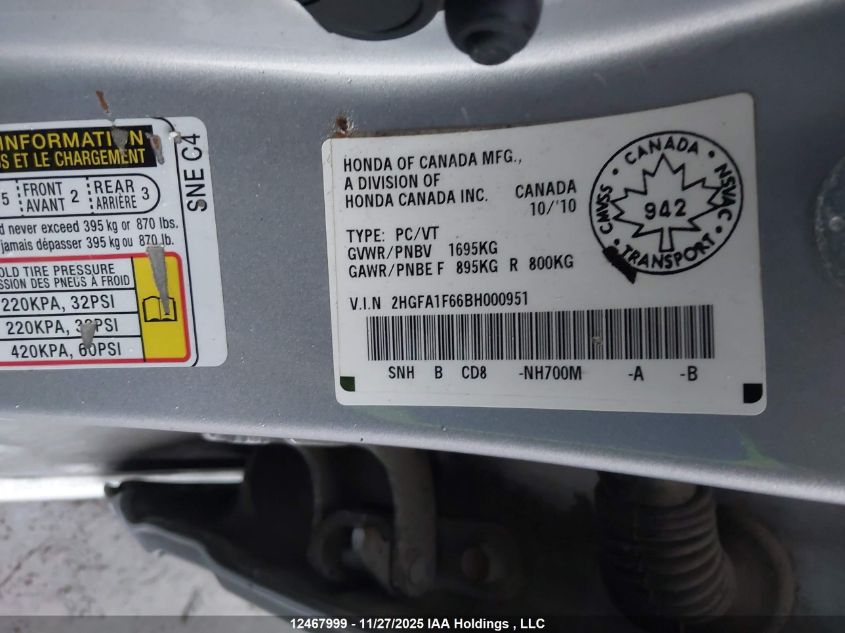 2011 Honda Civic Lx-S VIN: 2HGFA1F66BH000951 Lot: 12467999