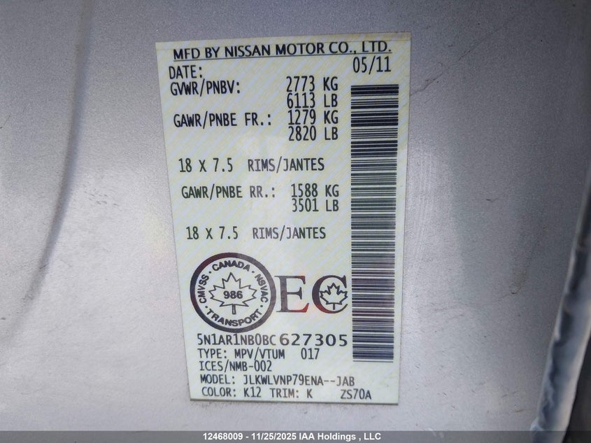 2011 Nissan Pathfinder Silver/Sv VIN: 5N1AR1NB0BC627305 Lot: 12468009