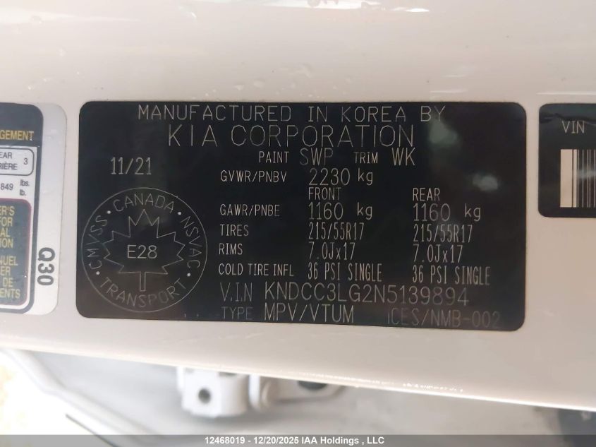2022 Kia Niro S/Ex VIN: KNDCC3LG2N5139894 Lot: 12468019