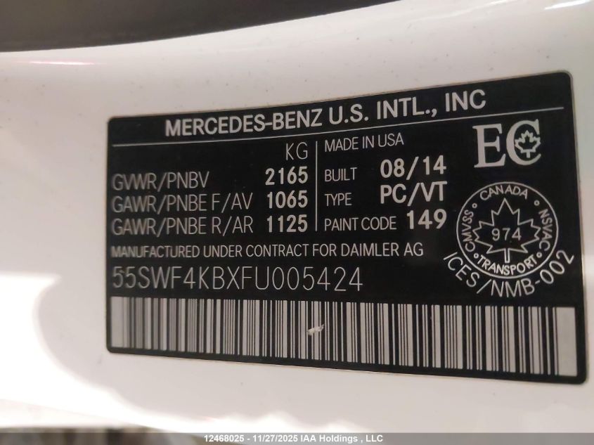 2015 Mercedes-Benz C 300 4Matic VIN: 55SWF4KBXFU005424 Lot: 12468025