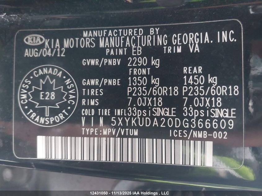 2013 Kia Sorento Ex Luxury V6/Ex V6 VIN: 5XYKUDA20DG366609 Lot: 12431050X