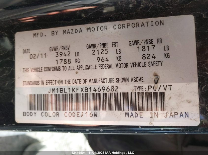 2011 Mazda Mazda3 Gx VIN: JM1BL1KFXB1469682 Lot: 12446504X