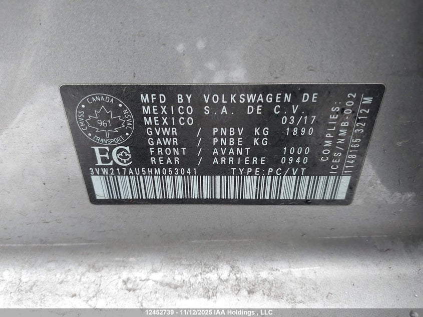 2017 Volkswagen Golf 1.8 Tsi Comfortline/1.8 Tsi Highline/1.8 Tsi Trendline VIN: 3VW217AU5HM053041 Lot: 12452739X