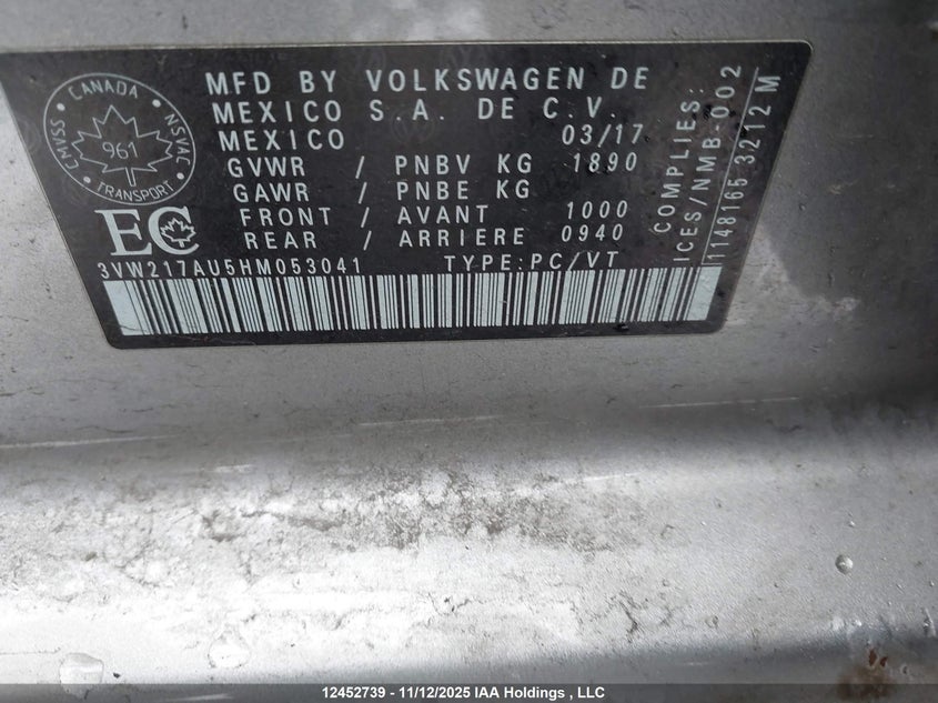 2017 Volkswagen Golf 1.8 Tsi Comfortline/1.8 Tsi Highline/1.8 Tsi Trendline VIN: 3VW217AU5HM053041 Lot: 12452739X