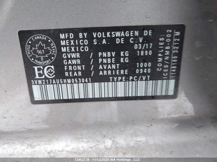 2017 Volkswagen Golf 1.8 Tsi Comfortline/1.8 Tsi Highline/1.8 Tsi Trendline VIN: 3VW217AU5HM053041 Lot: 12452739X