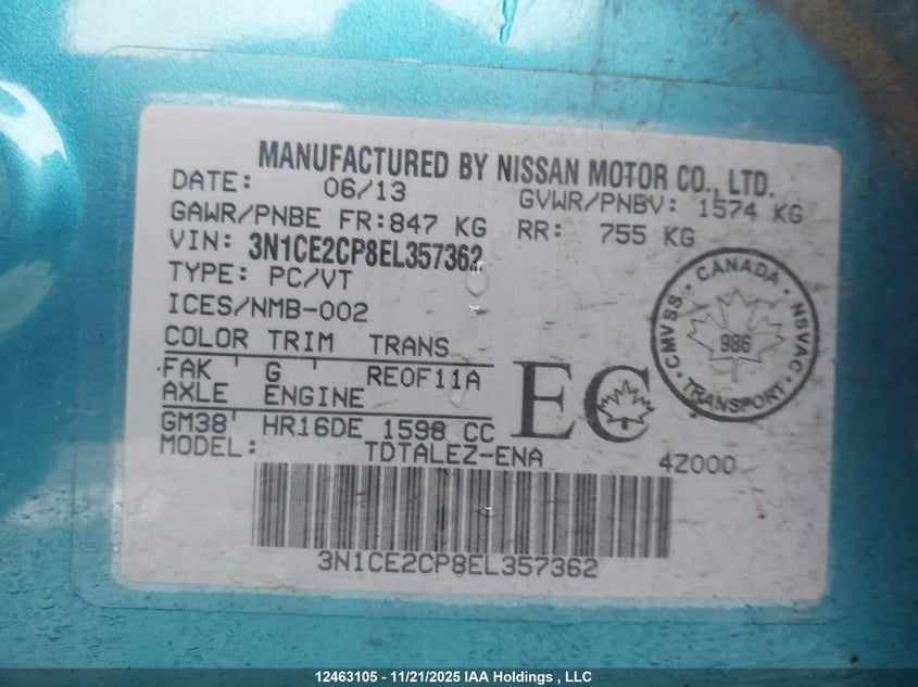 2014 Nissan Versa Note 1.6 S/1.6 Sl/1.6 Sv VIN: 3N1CE2CP8EL357362 Lot: 12463105X