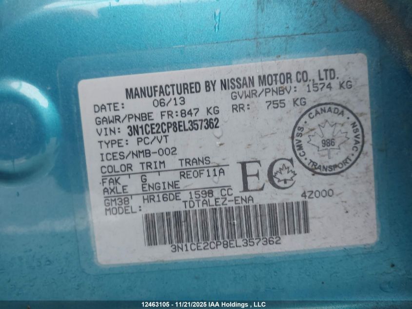 2014 Nissan Versa Note 1.6 S/1.6 Sl/1.6 Sv VIN: 3N1CE2CP8EL357362 Lot: 12463105X
