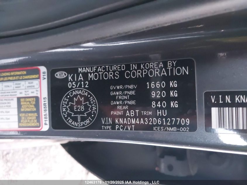 2013 Kia Rio Ex/Lx/Lx+/Sx VIN: KNADM4A32D6127709 Lot: 12463178X