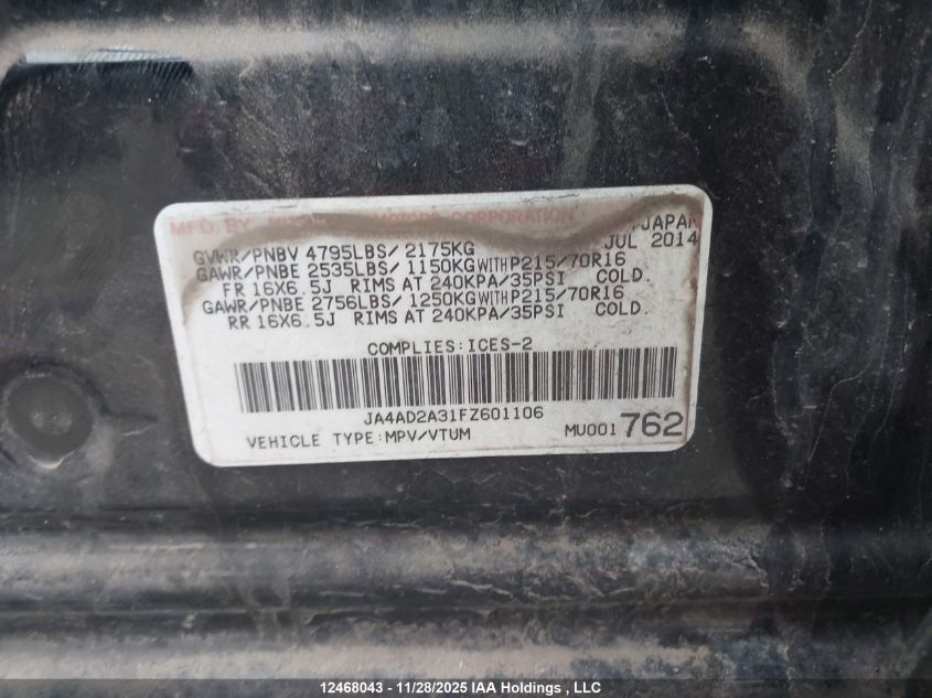 2015 Mitsubishi Outlander Es VIN: JA4AD2A31FZ601106 Lot: 12468043