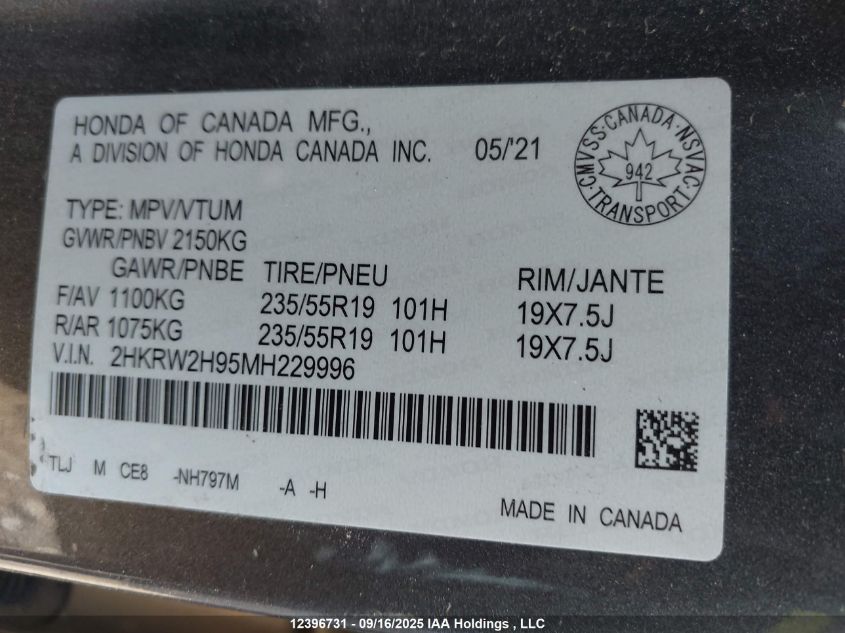 2021 Honda Cr-V Black Edition/Touring VIN: 2HKRW2H95MH229996 Lot: 12396731X
