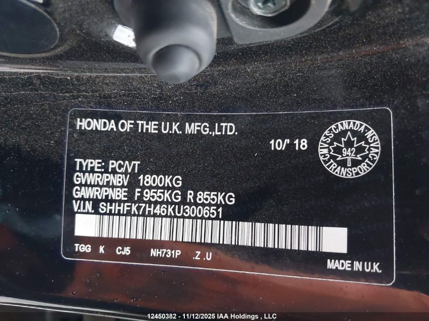 2019 Honda Civic Sport VIN: SHHFK7H46KU300651 Lot: 12450382X