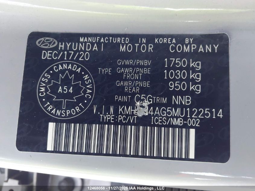 2021 Hyundai Elantra Sel VIN: KMHLM4AG5MU122514 Lot: 12468058
