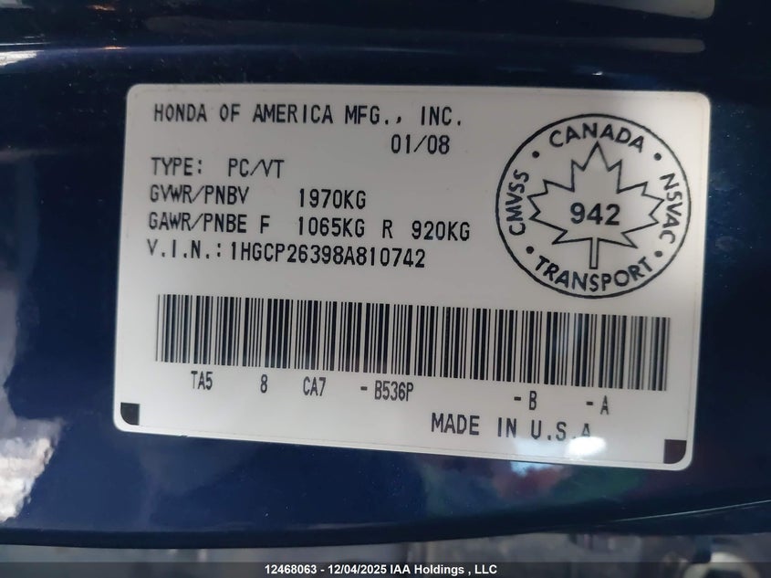 1HGCP26398A810742 2008 HONDA ACCORD photo no. 9