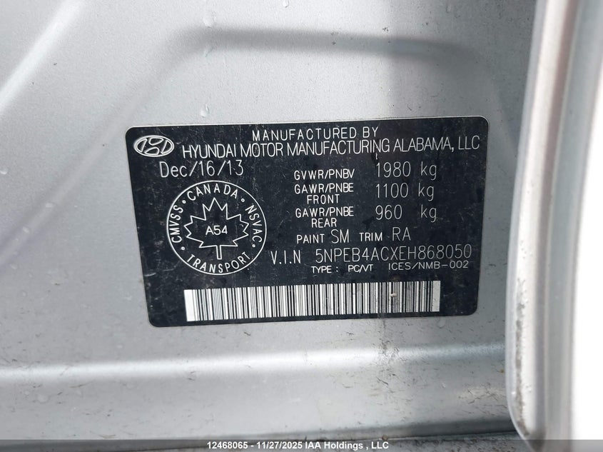 2014 Hyundai Sonata Gls VIN: 5NPEB4ACXEH868050 Lot: 12468065
