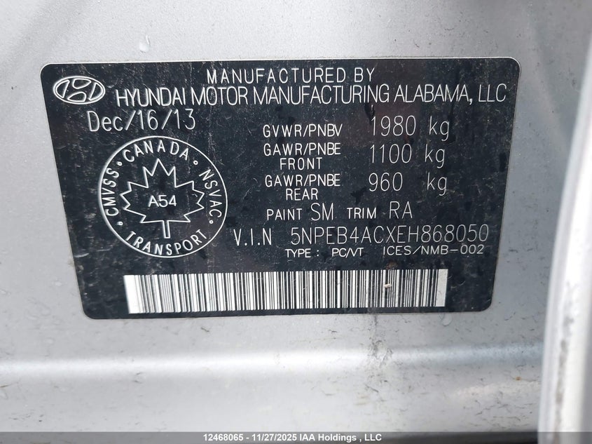 2014 Hyundai Sonata Gls VIN: 5NPEB4ACXEH868050 Lot: 12468065