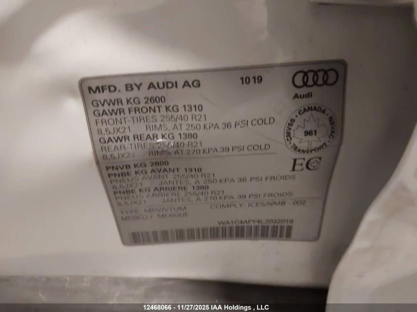 2020 Audi Sq5 3.0T Technik VIN: WA1C4AFY4L2032019 Lot: 12468066