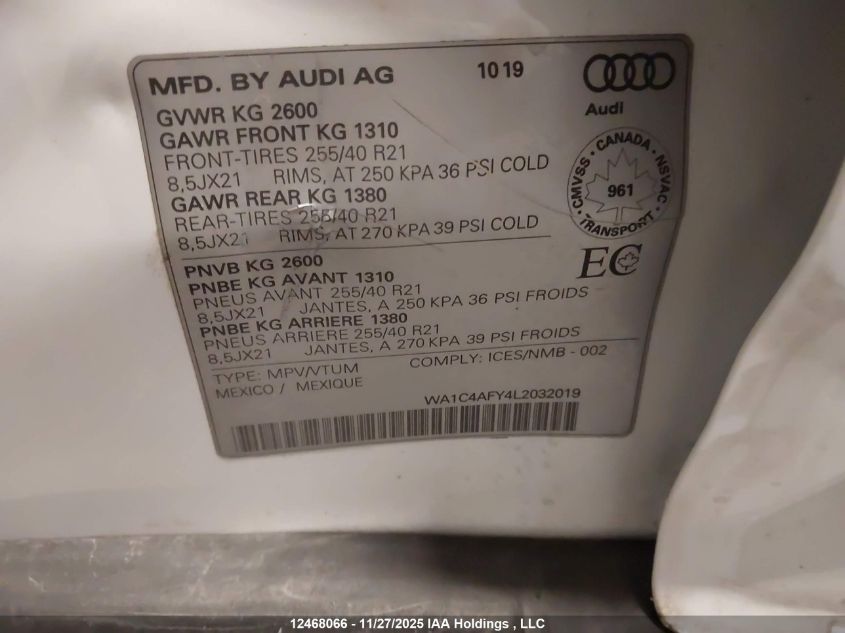 2020 Audi Sq5 3.0T Technik VIN: WA1C4AFY4L2032019 Lot: 12468066