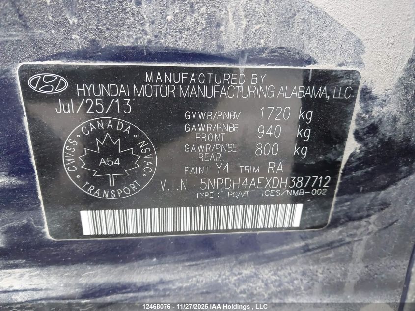 2013 Hyundai Elantra Gls/Limited VIN: 5NPDH4AEXDH387712 Lot: 12468076