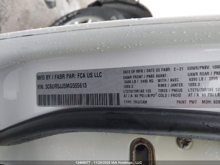 2021 Ram 2500 Big Horn VIN: 3C6UR5JJ5MG555613 Lot: 12468077