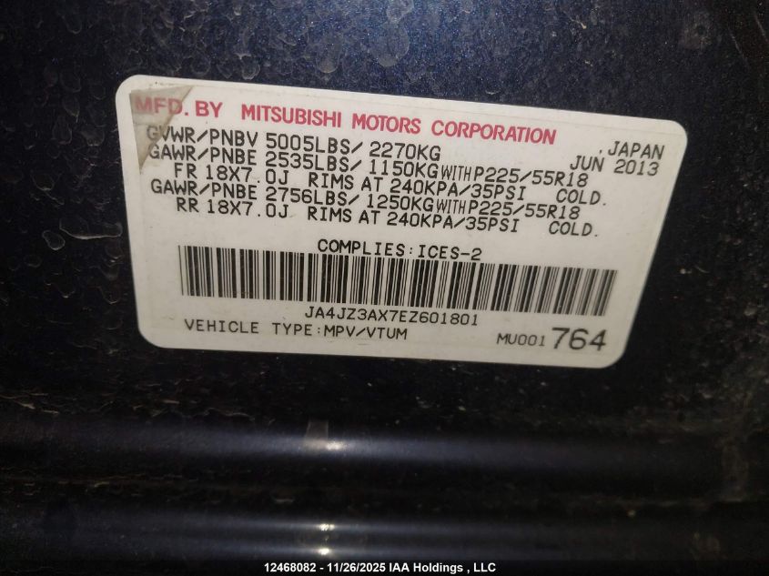 2014 Mitsubishi Outlander Se VIN: JA4JZ3AX7EZ601801 Lot: 12468082