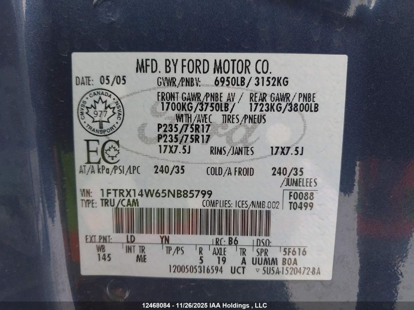 2005 Ford F-150 Stx/Xl/Xlt VIN: 1FTRX14W65NB85799 Lot: 12468084