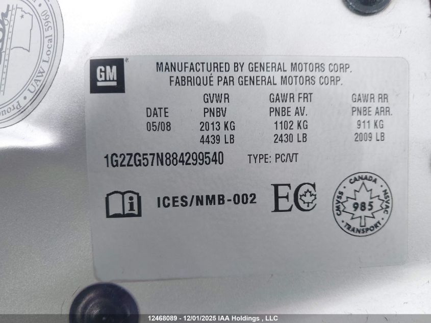 2008 Pontiac G6 Se VIN: 1G2ZG57N884299540 Lot: 12468089