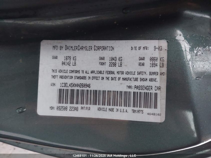 2004 Chrysler Sebring VIN: 1C3EL45XX4N260946 Lot: 12468101