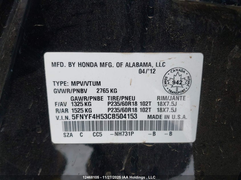 5FNYF4H53CB504153 2012 HONDA PILOT photo no. 9
