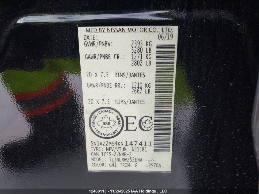 2019 Nissan Murano S/Sl/Sv/Platinum VIN: 5N1AZ2MS4KN147411 Lot: 12468113
