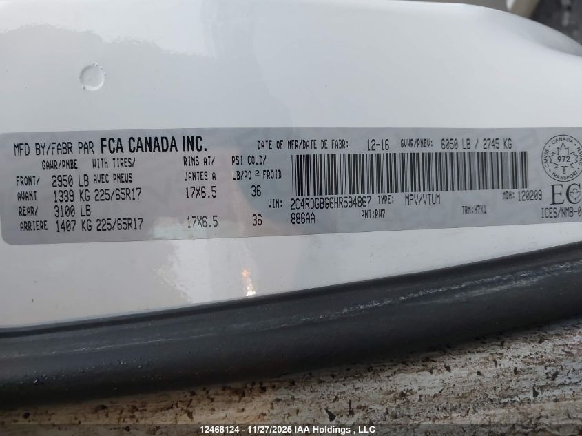 2017 Dodge Grand Caravan Cvp/Sxt VIN: 2C4RDGBG6HR594867 Lot: 12468124