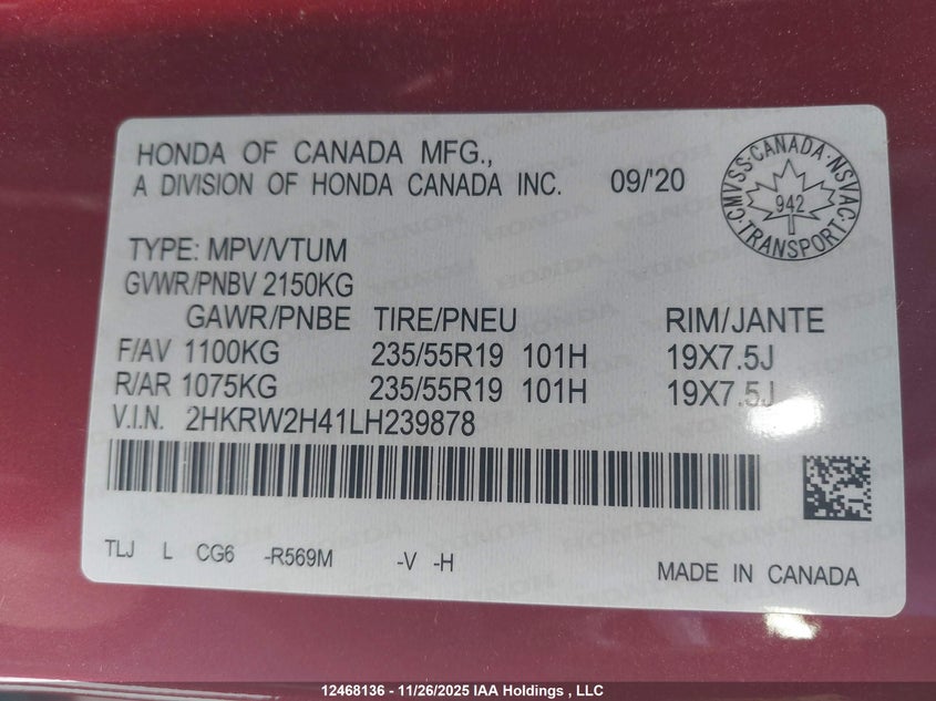 2HKRW2H41LH239878 2020 HONDA CR-V photo no. 9
