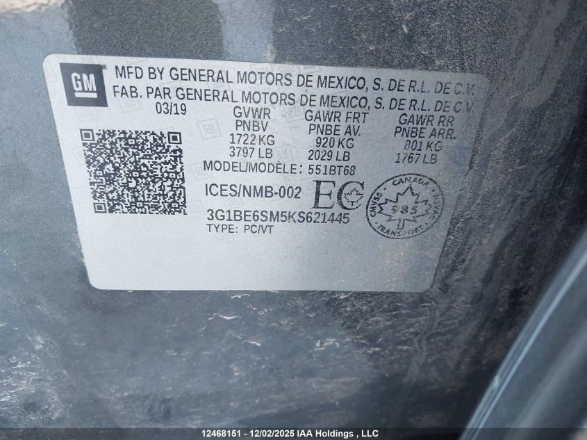 2019 Chevrolet Cruze VIN: 3G1BE6SM5KS621445 Lot: 12468151