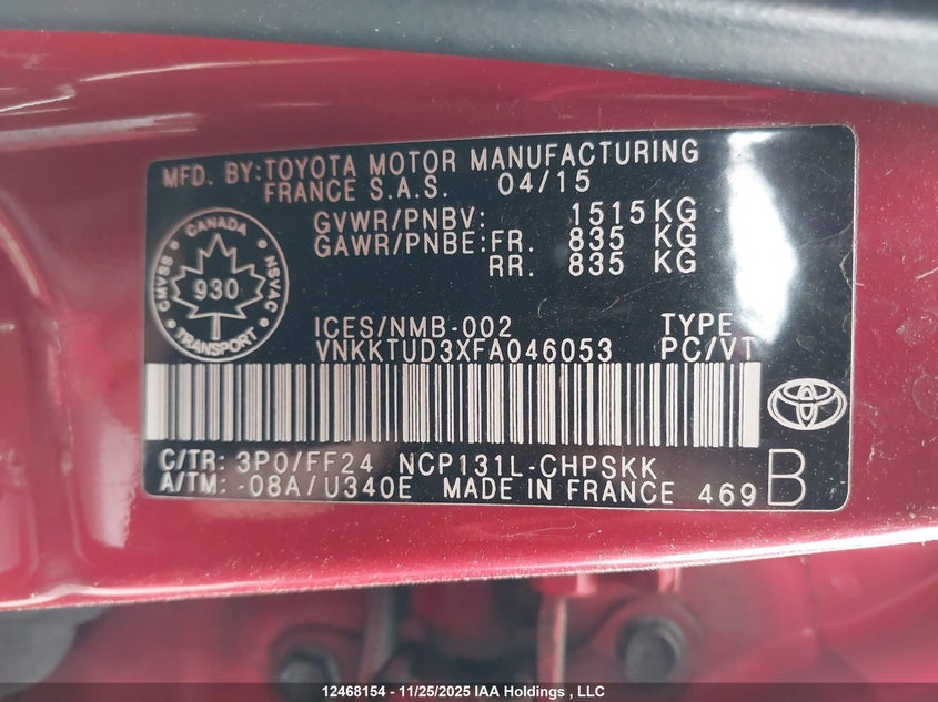 2015 Toyota Yaris VIN: VNKKTUD3XFA046053 Lot: 12468154