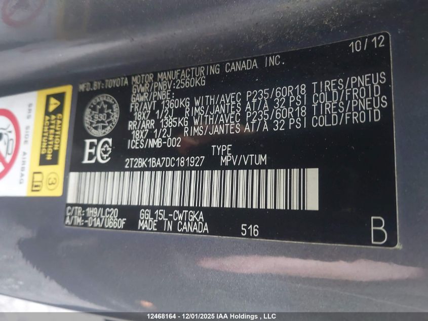 2013 Lexus Rx 350/Base/F Sport VIN: 2T2BK1BA7DC181927 Lot: 12468164