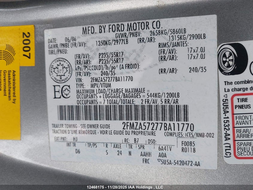 2FMZA57277BA11770 2007 FORD FREESTAR photo no. 9