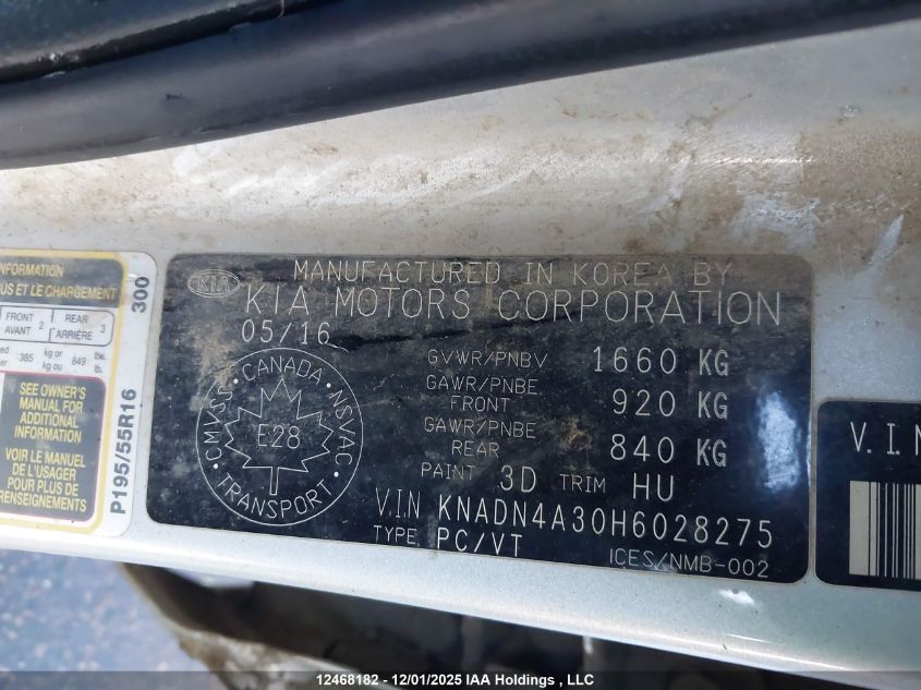 2017 Kia Rio Ex Special Edition/Ex+ W/Sunroof/Lx/Lx+/Sx/Sx W/Navigation VIN: KNADN4A30H6028275 Lot: 12468182