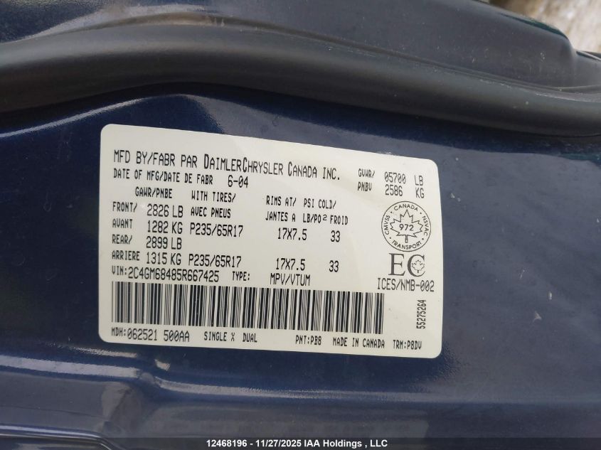 2005 Chrysler Pacifica Touring VIN: 2C4GM68485R667425 Lot: 12468196