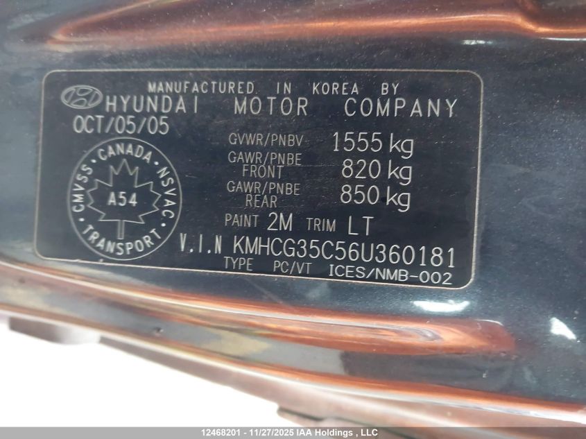 2006 Hyundai Accent VIN: KMHCG35C56U360181 Lot: 12468201