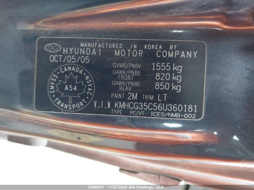 2006 Hyundai Accent VIN: KMHCG35C56U360181 Lot: 12468201
