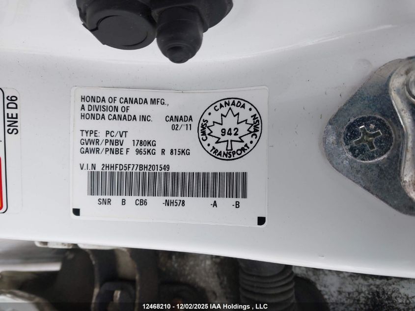 2011 Acura Csx Technology VIN: 2HHFD5F77BH201549 Lot: 12468210