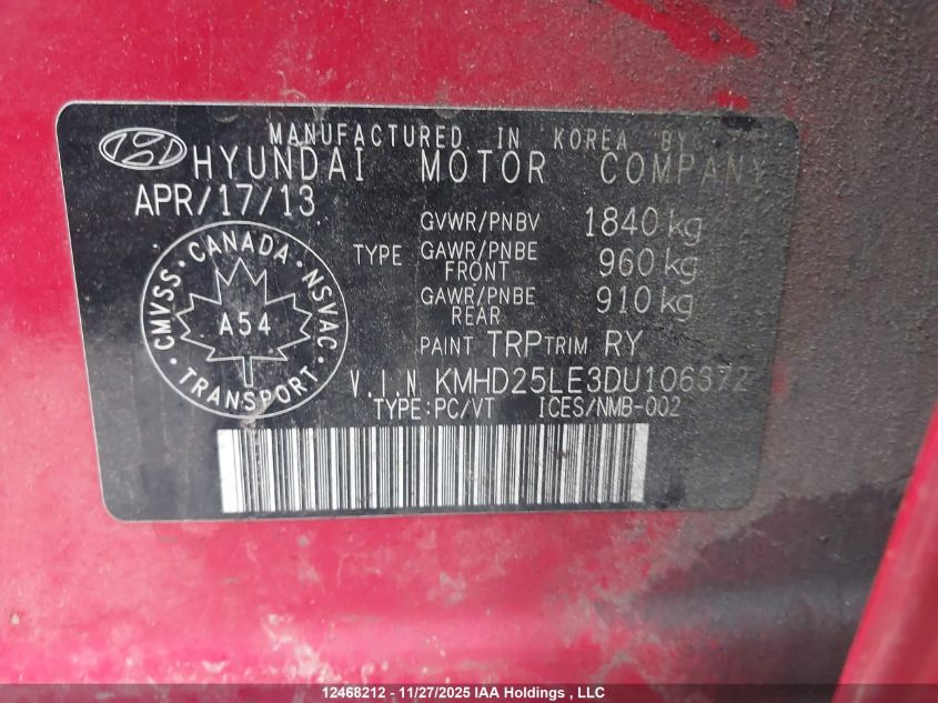 2013 Hyundai Elantra Gt VIN: KMHD25LE3DU106372 Lot: 12468212