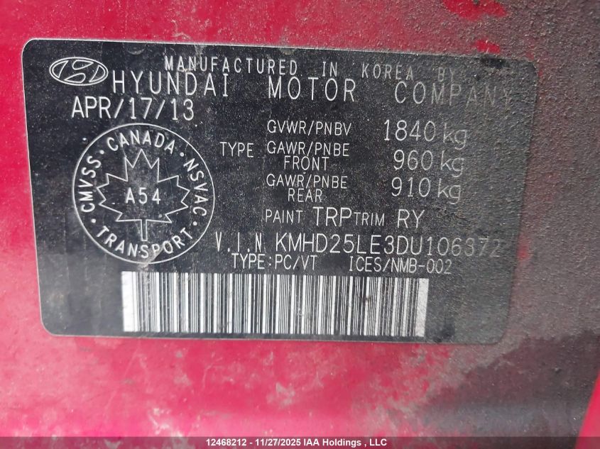 2013 Hyundai Elantra Gt VIN: KMHD25LE3DU106372 Lot: 12468212