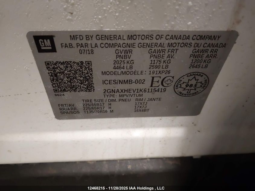 2019 Chevrolet Equinox Ls VIN: 2GNAXHEV1K6115419 Lot: 12468215