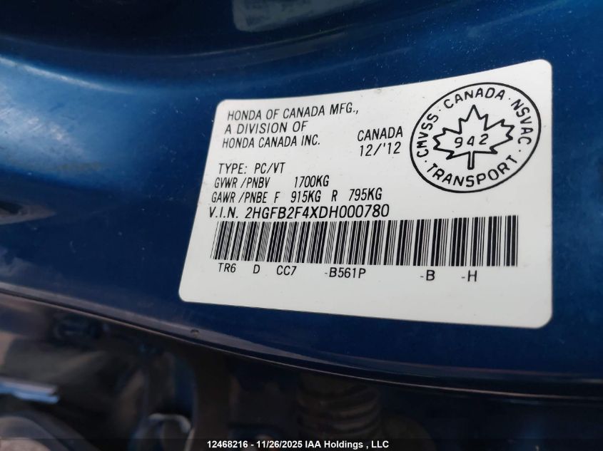 2013 Honda Civic Lx VIN: 2HGFB2F4XDH000780 Lot: 12468216