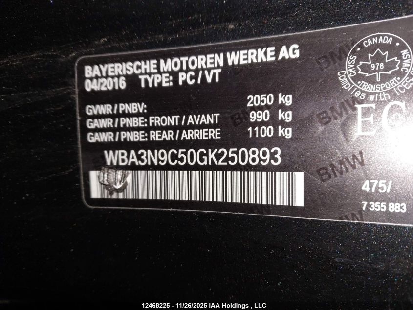 2016 BMW 428I xDrive VIN: WBA3N9C50GK250893 Lot: 12468225