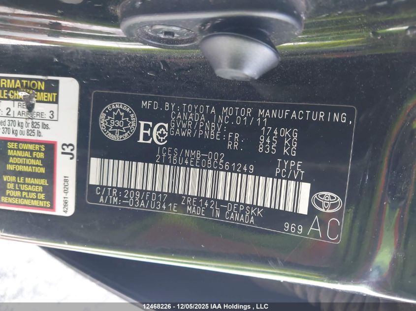 2011 Toyota Corolla S VIN: 2T1BU4EE0BC561249 Lot: 12468226