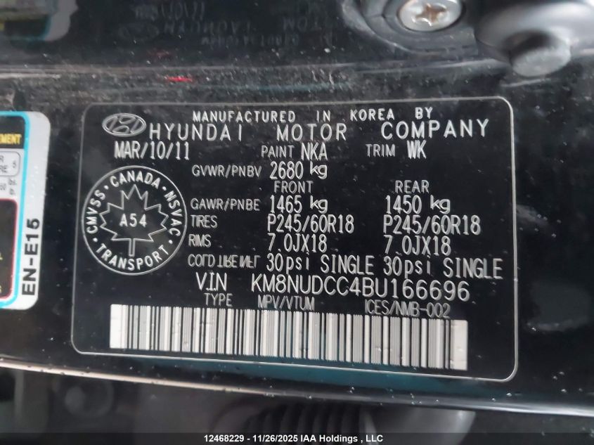 2011 Hyundai Veracruz Limited VIN: KM8NUDCC4BU166696 Lot: 12468229