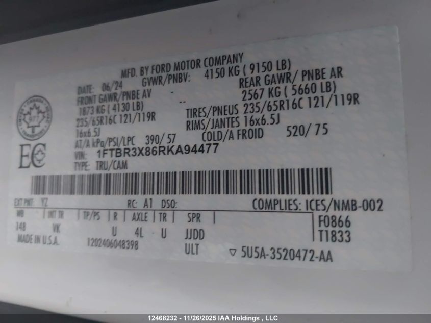 2024 Ford Transit T-250 VIN: 1FTBR3X86RKA94477 Lot: 12468232