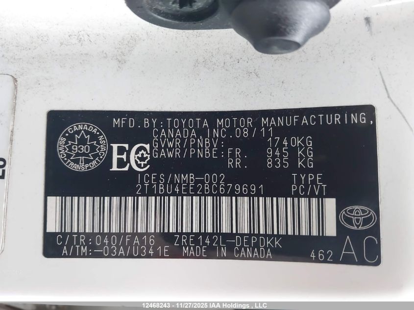 2011 Toyota Corolla VIN: 2T1BU4EE2BC679691 Lot: 12468243