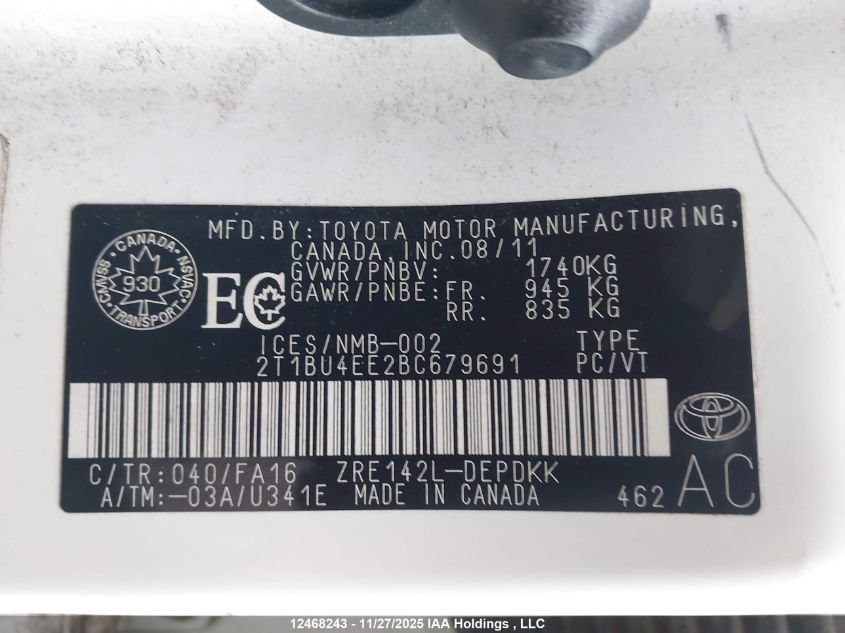 2011 Toyota Corolla VIN: 2T1BU4EE2BC679691 Lot: 12468243